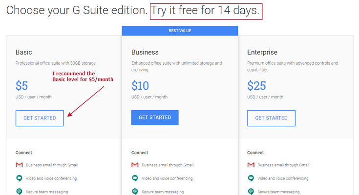 G Suite pricing grid screenshot