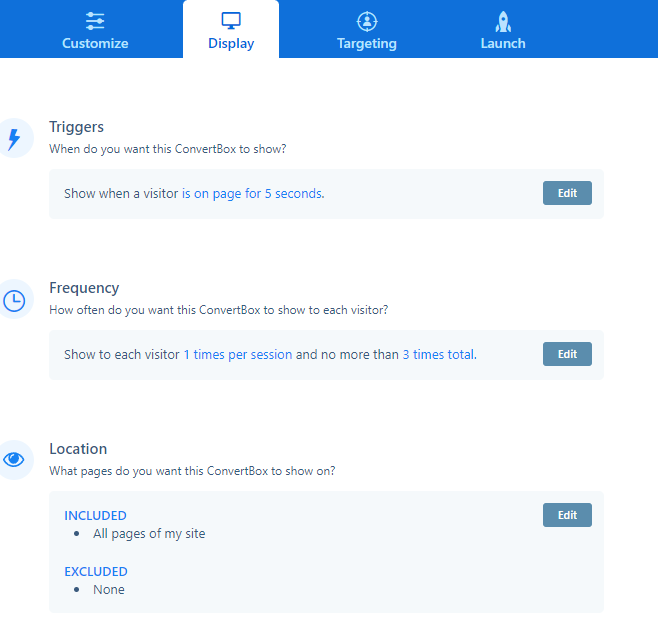 Select your display and targeting options.